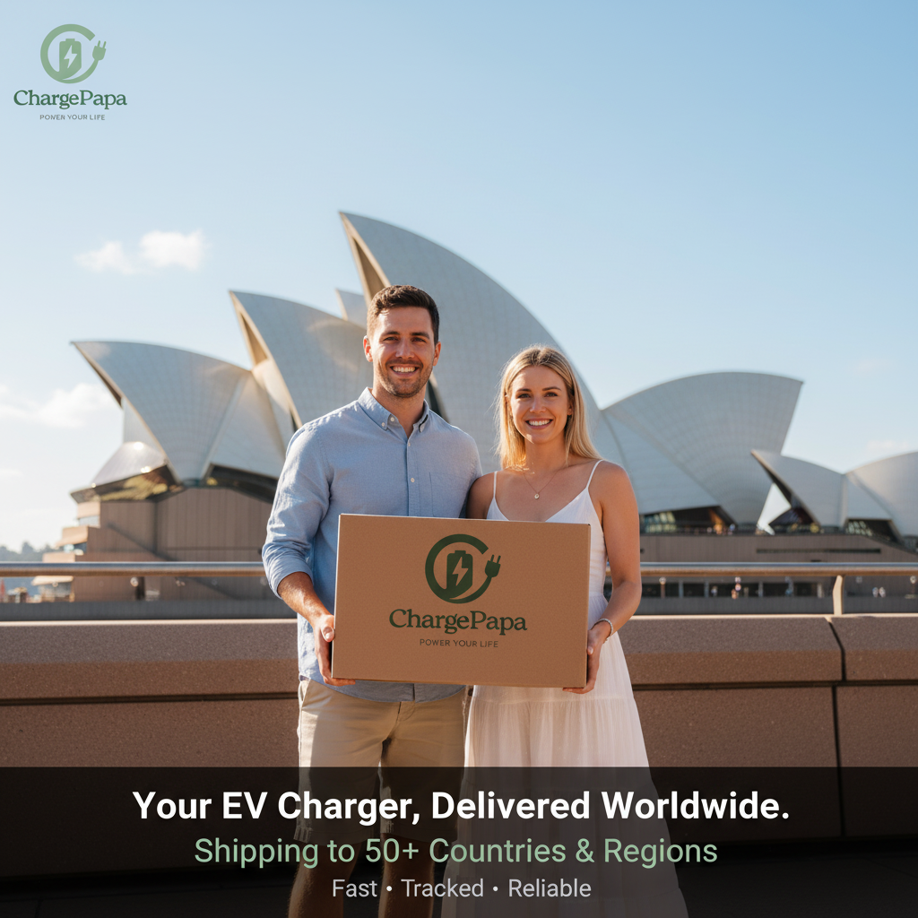 ChargePapa EV charging adapter worldwide shipping — Sydney delivery scene