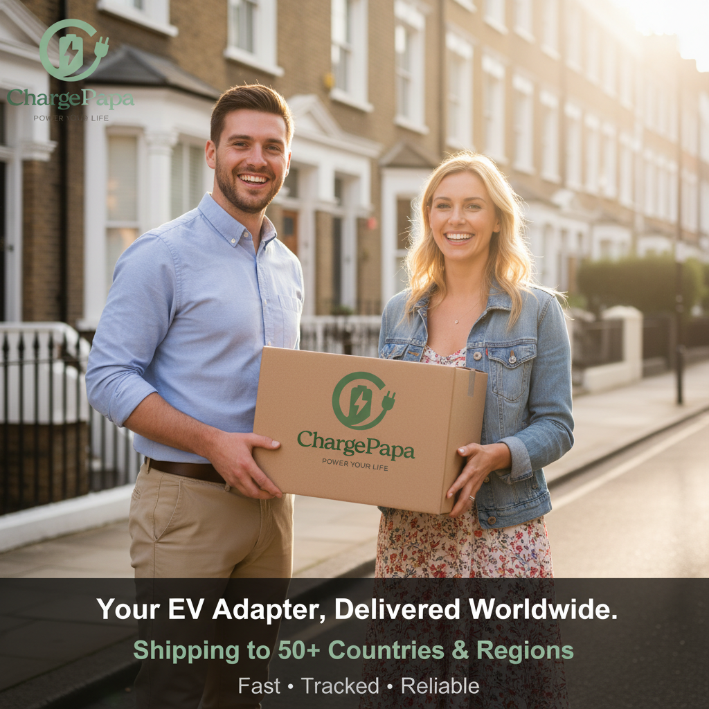 Man and woman holding a box with ChargePapa logo in an urban setting