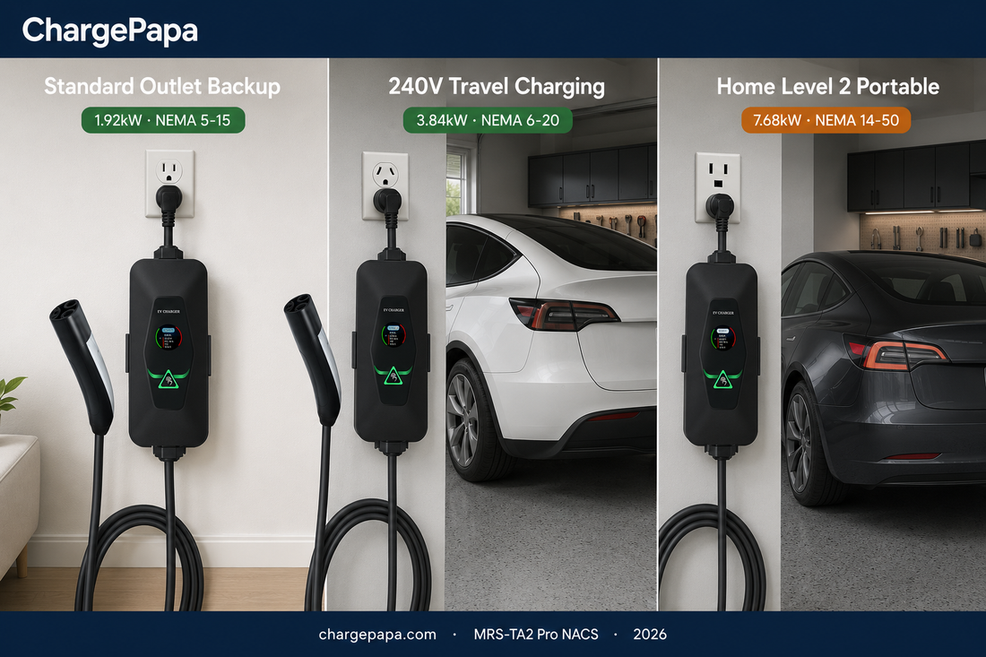 ChargePapa MRS-TA2 Pro NACS portable charger — standard outlet, 240V travel, and NEMA 14-50 home Level 2 charging paths | ChargePapa