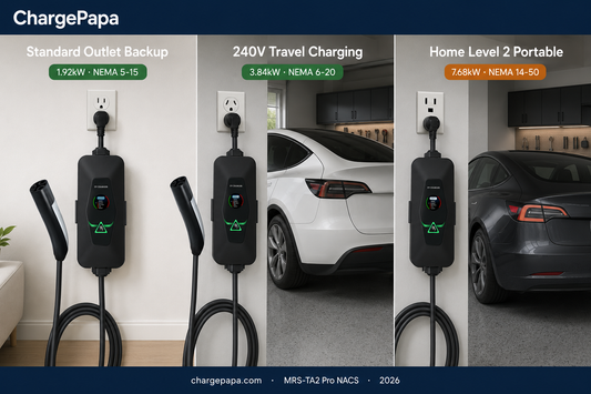 ChargePapa MRS-TA2 Pro NACS portable charger — standard outlet, 240V travel, and NEMA 14-50 home Level 2 charging paths | ChargePapa