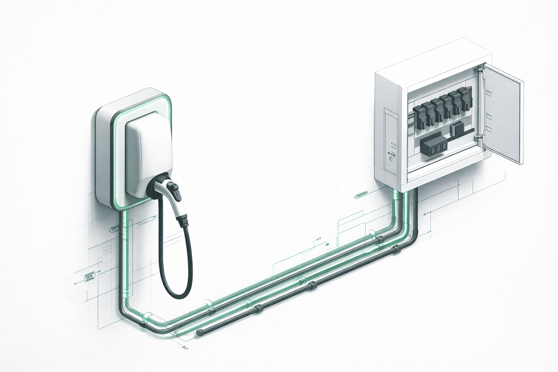 Professional electrician tools and technical circuit blueprint for home EV charging station installation protocol by ChargePapa