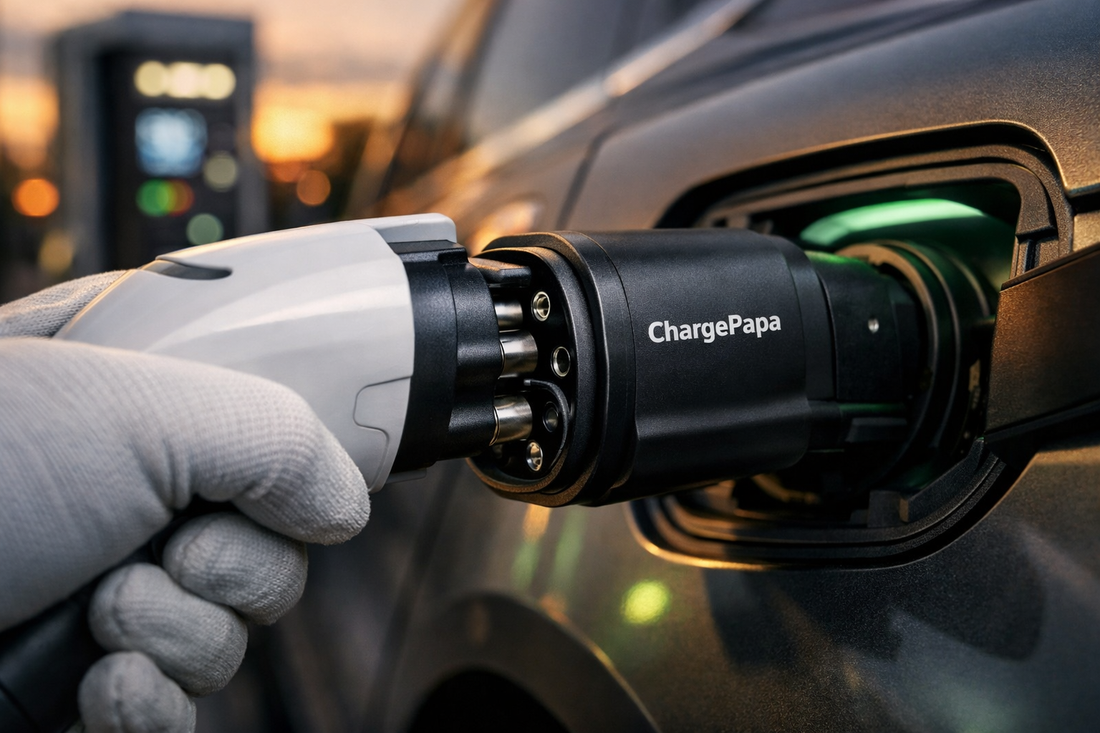 ChargePapa 500A NACS to CCS1 adapter connecting a Tesla Supercharger gun to a non-Tesla EV port - high speed DC fast charging logic