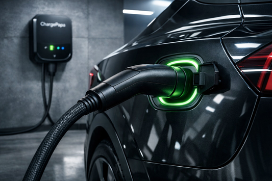 Tesla Model Y charging at home with 48A 11.5kW high-power Level 2 charger showing NACS connector and sage green status light - ChargePapa Engineering