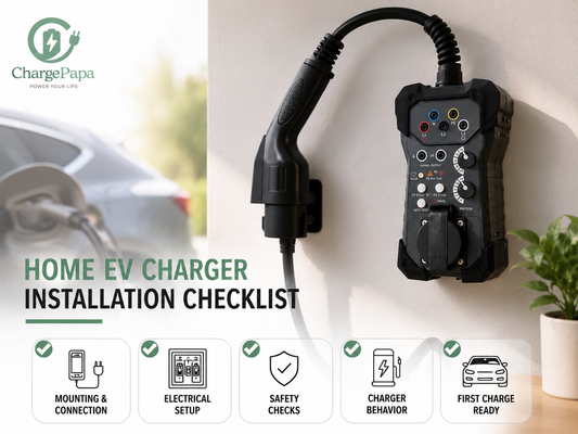 ChargePapa V8 Smart Home EV Wallbox installed in residential garage — installer reviewing commissioning checklist before first power-on handover, Ford Mustang Mach-E parked with charge port open