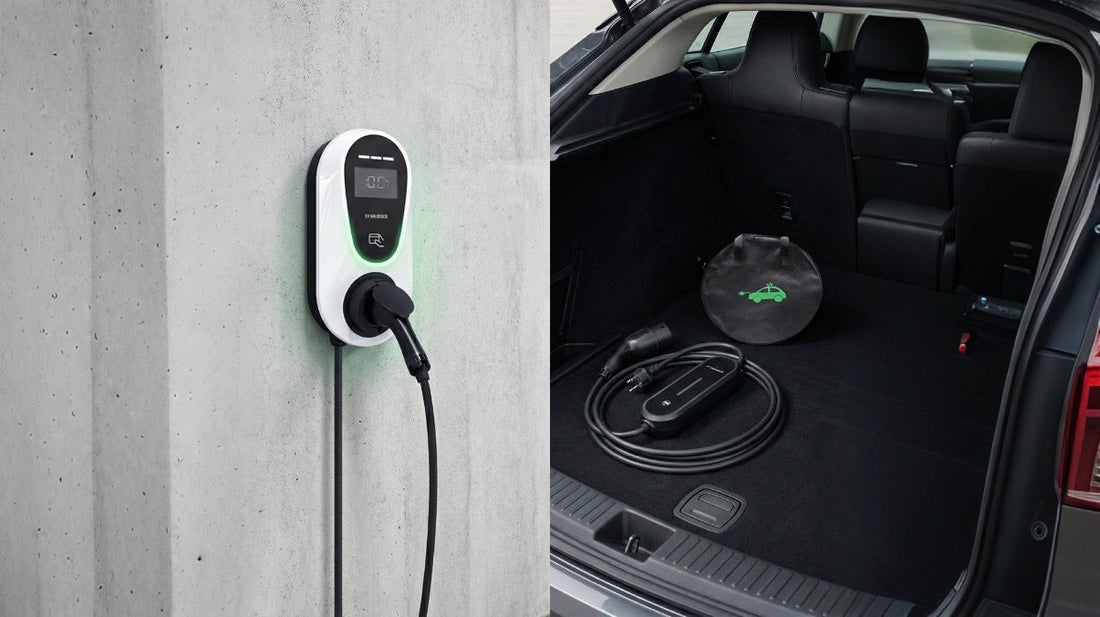 Wall-mounted white electric vehicle charger and portable EV charging cable in car trunk with black interior
