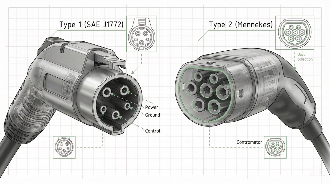 Heavy-duty EV plug comparison: North American NEMA 14-50P 40A vs European 32A Red CEE 3-phase industrial connector standards