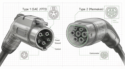 Heavy-duty EV plug comparison: North American NEMA 14-50P 40A vs European 32A Red CEE 3-phase industrial connector standards