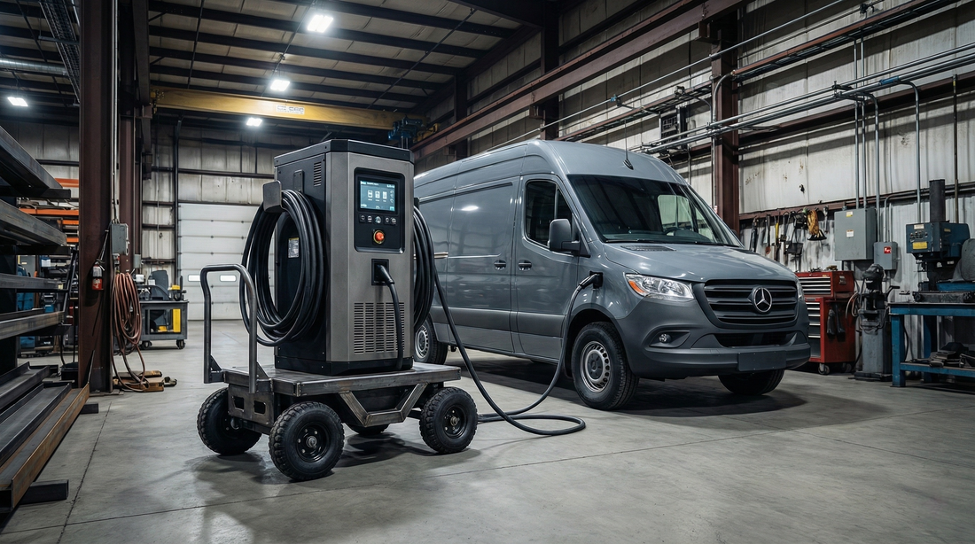 Gray electric Mercedes van charging at a mobile EV charger inside an industrial warehouse