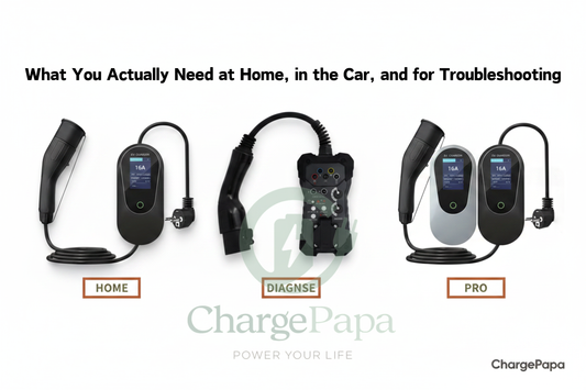 ChargePapa first EV owner toolkit — T1B portable EV charger for home charging, StationCheck PM701UT AC EVSE diagnostic simulator for technical troubleshooting, and T4A Pro portable EV charger for travel, three-product flat-lay on white surface