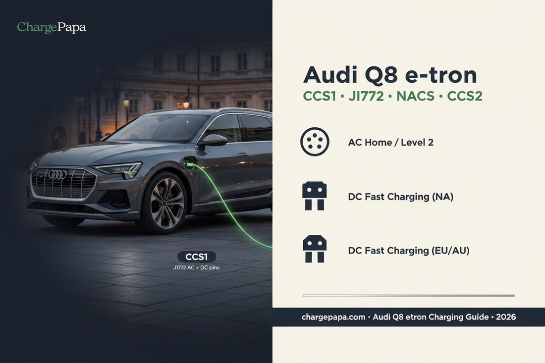 Audi Q8 e-tron charging port guide — CCS1 for DC fast charging, J1772 for AC Level 2, NACS transition explained | ChargePapa