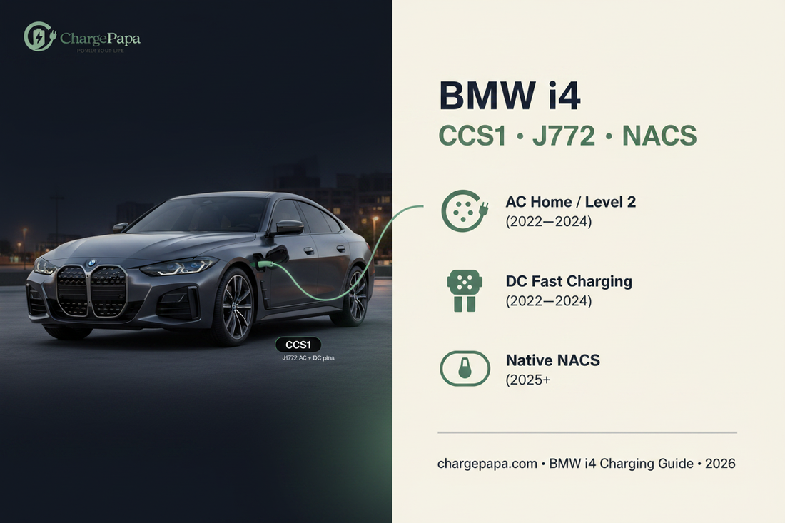 BMW i4 charging port guide — CCS1 for DC fast charging 2022–2024, J1772 AC Level 2, NACS for 2025+ | ChargePapa