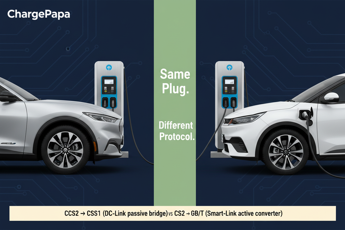 Conceptual illustration comparing CCS2 DC source to CCS1 and GB/T DC vehicle paths; not a verified adapter installation or vehicle approval