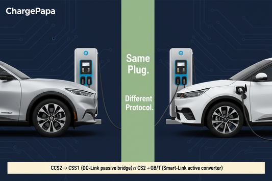 Conceptual illustration comparing CCS2 DC source to CCS1 and GB/T DC vehicle paths; not a verified adapter installation or vehicle approval