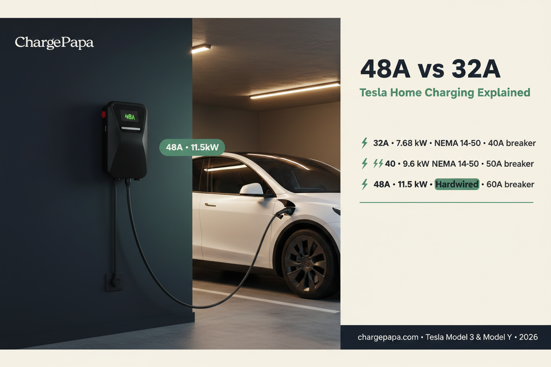 Tesla Model Y home garage — ChargePapa MRS-TA2 Pro NACS charger 48A vs 32A Level 2 setup | ChargePapa