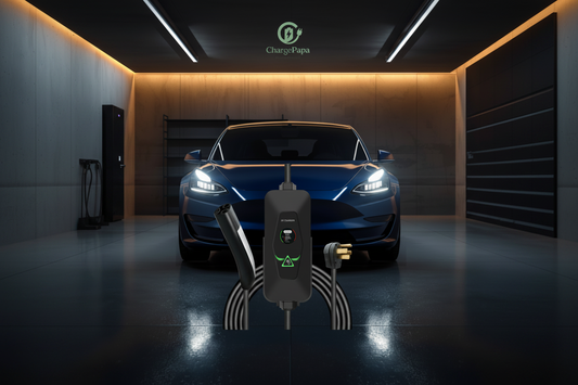 ChargePapa MRS-TA2 Pro NACS SAE J3400 EV charger wall-mounted at 150cm, cable connected to Tesla Model 3 driver-side rear charging port, NEMA 14-50 outlet at 45cm height
