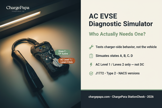 ChargePapa StationCheck AC EVSE Diagnostic Simulator — ruggedized handheld unit with L1/L2/L3/N/PE LED indicators, state selector dial, and Type 2 connector | ChargePapa