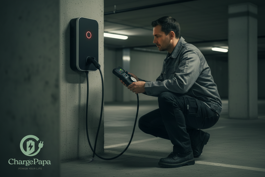 EV charger showing a red fault light — diagnostic guide by ChargePapa