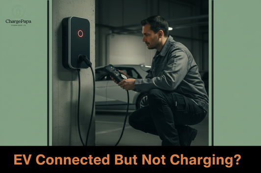 ChargePapa StationCheck AC EVSE Diagnostic Simulator — technician testing a wall-mounted Type 2 AC charging station with IONIQ 5 in background