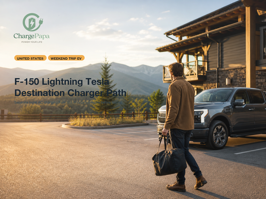 ChargePapa blog cover for Can a Ford F-150 Lightning Use a Tesla Destination Charger on Weekend Trips Without Buying the Wrong Adapter?