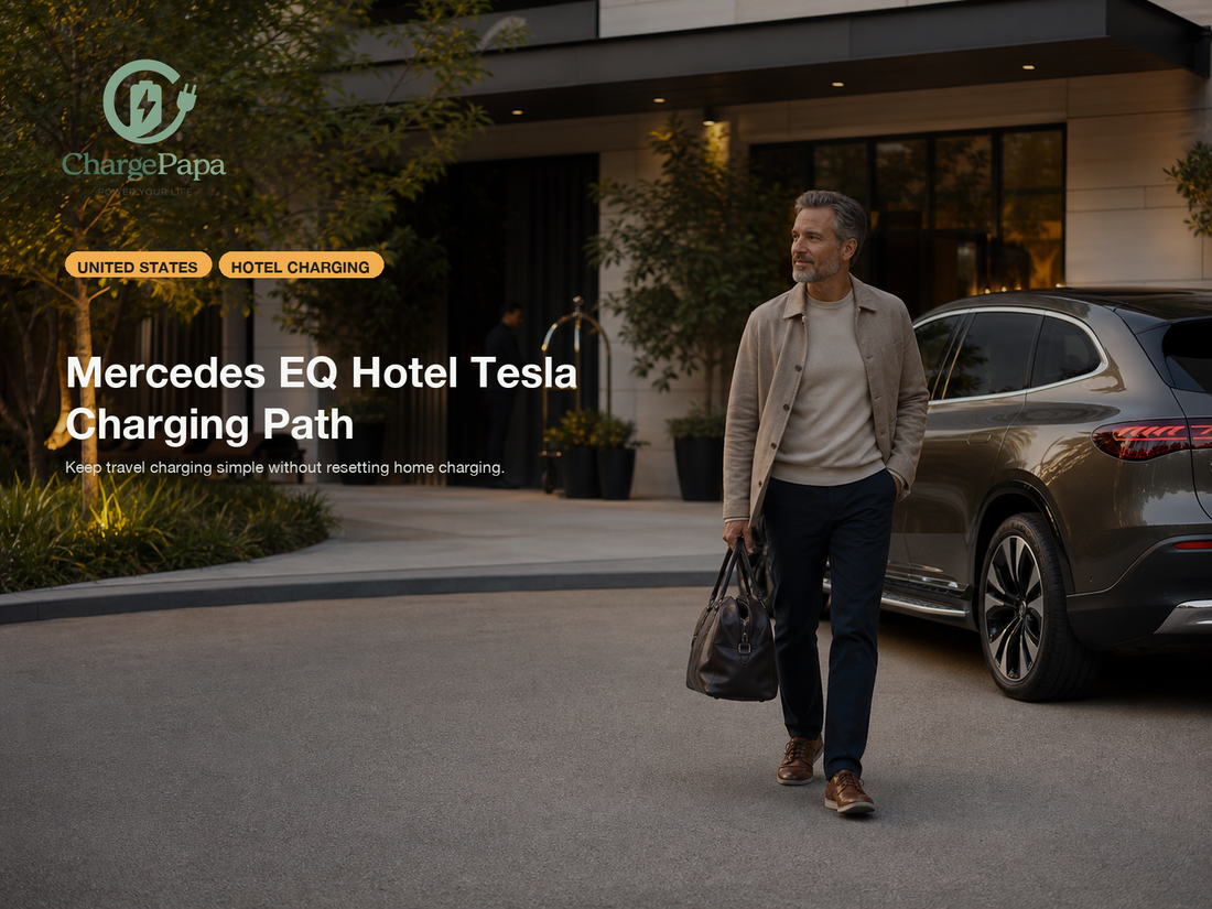 ChargePapa blog cover for Can a Mercedes EQE SUV or EQS SUV Use Hotel Tesla Destination Charging Without Complicating Everyday Home Charging?