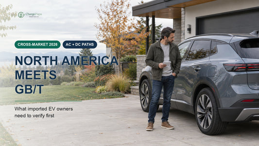 EV owner reviewing charging requirements beside an electric vehicle in a North American driveway, illustrating cross-market GB/T charging decisions.