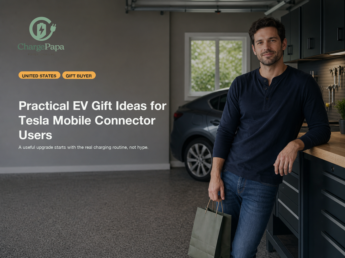ChargePapa blog cover for What Is a Practical EV Gift for a New Driver Who Still Uses the Tesla Mobile Connector?