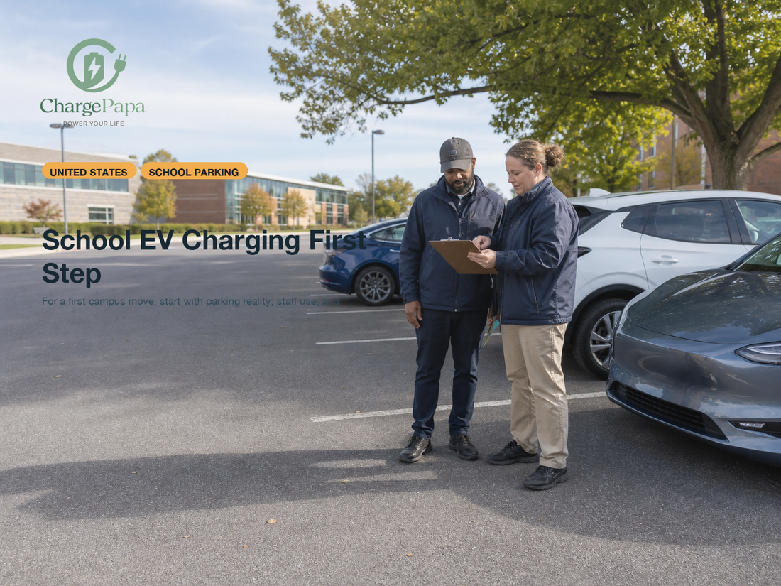 ChargePapa blog cover for Should a School Add One EV Charging Bay First or Start with Portable Charging Support?
