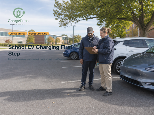 ChargePapa blog cover for Should a School Add One EV Charging Bay First or Start with Portable Charging Support?