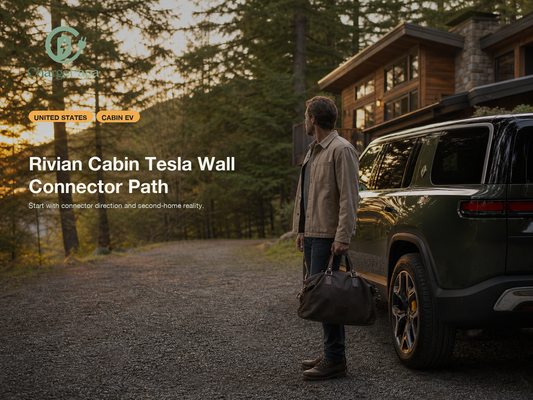 ChargePapa blog cover for What Adapter Does a Rivian R1T or R1S Need If a Cabin or Second Home Only Has a Tesla Wall Connector?