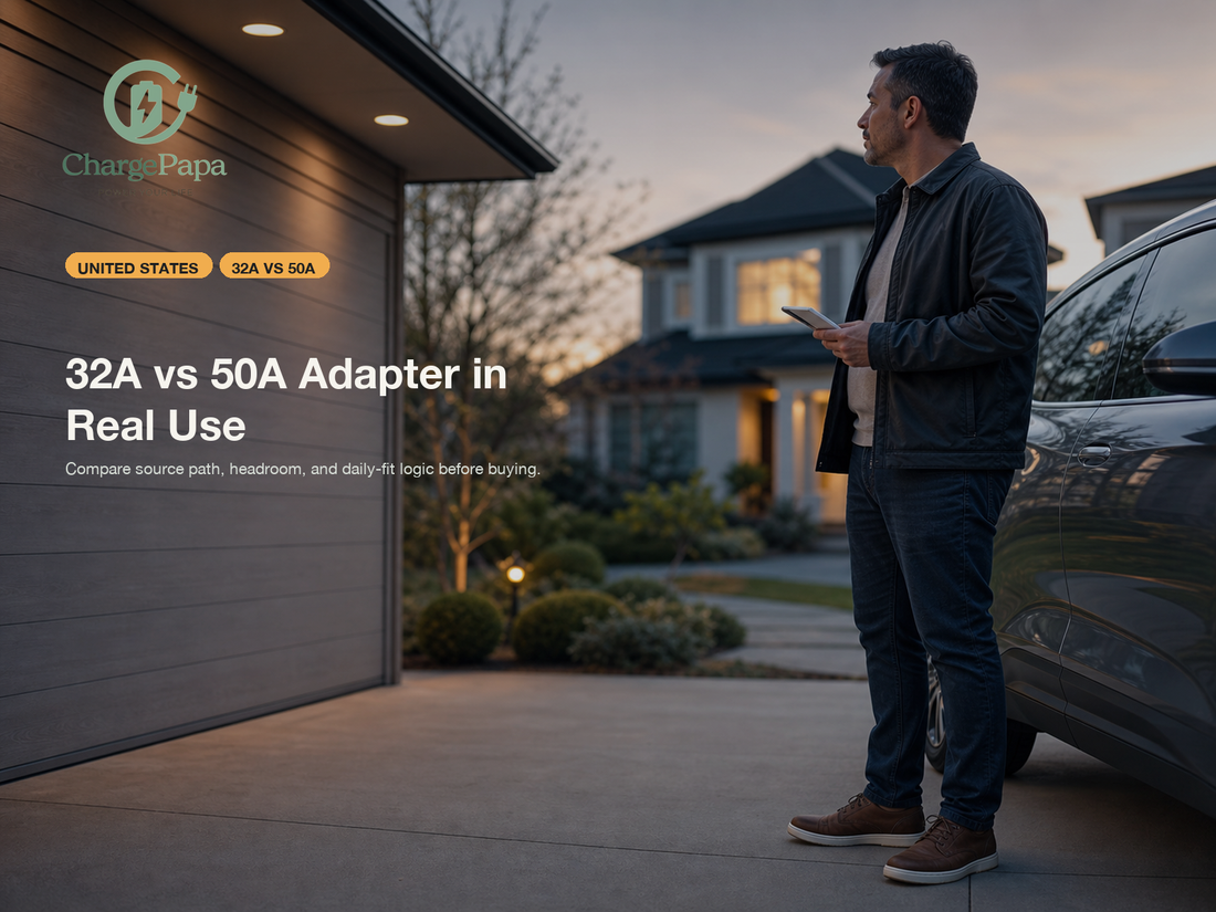 ChargePapa blog cover for What Is the Difference Between a 32A AC Adapter and a 50A AC Adapter in Real Use?
