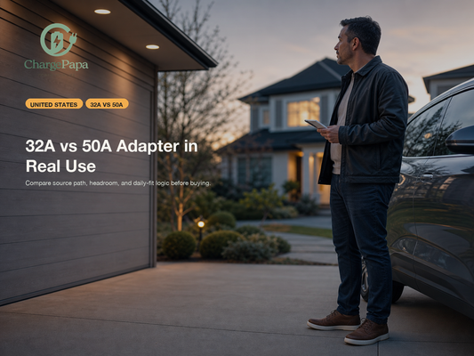ChargePapa blog cover for What Is the Difference Between a 32A AC Adapter and a 50A AC Adapter in Real Use?
