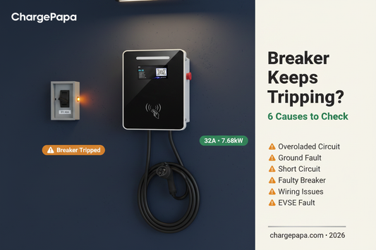 EV charger tripping breaker — ChargePapa MRS-AJ8 black J1772 wallbox with tripped 40A breaker, Ford Mustang Mach-E garage | ChargePapa