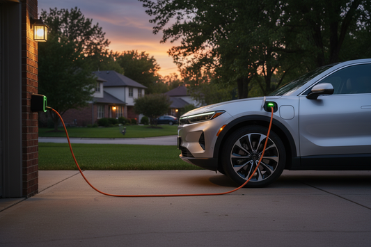 Electric vehicle charging with an extension cord in a suburban driveway at dusk — illustrating the 50% derating rule risk for Level 2 EV charging