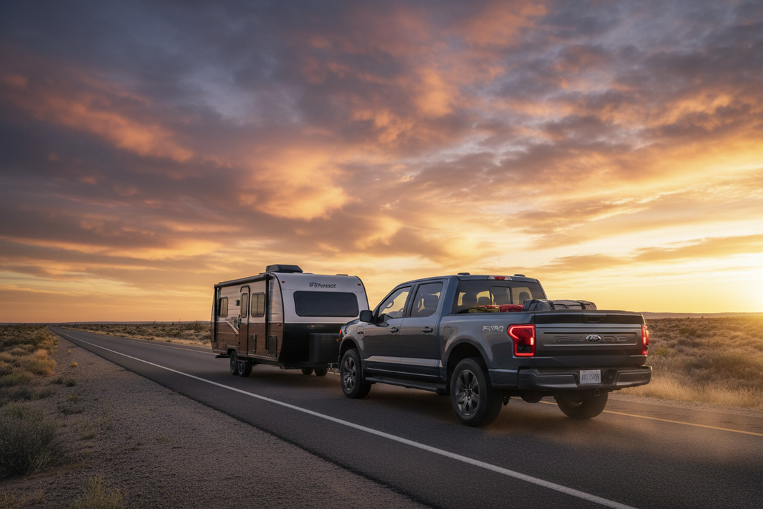 Towing-scenario illustration: F-150-style pickup with a travel trailer on a road; no charging equipment shown