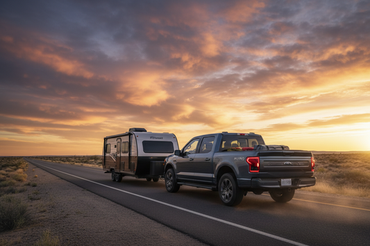Towing-scenario illustration: F-150-style pickup with a travel trailer on a road; no charging equipment shown