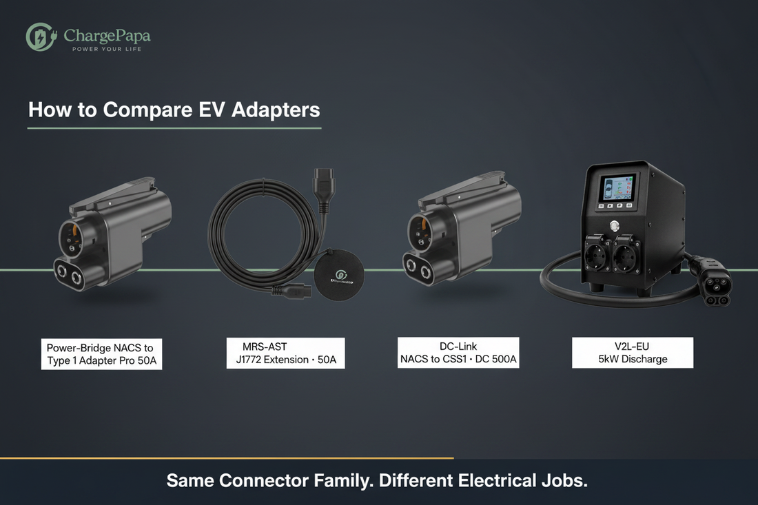ChargePapa EV adapter lineup: Power-Bridge NACS→J1772, MRS-AST extension, DC-Link NACS→CCS1, V2L-EU 5kW