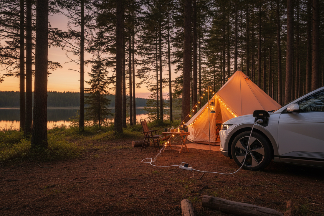 Hyundai IONIQ 5 parked at a campsite powering a tent with string lights via V2L discharge adapter