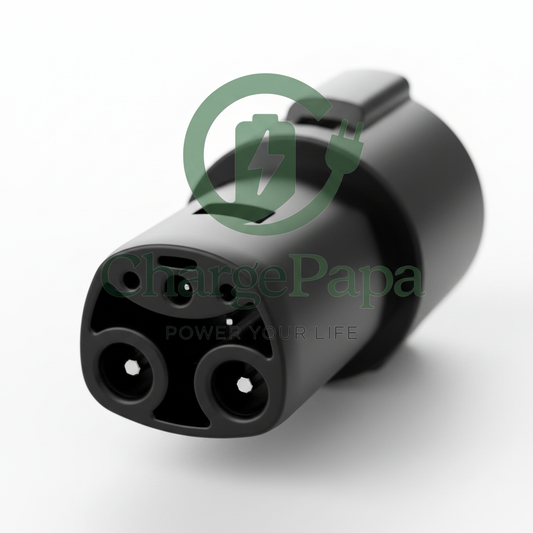 ChargePapa Tesla-Link Ultra NACS plug detail; J1772-to-NACS AC product, not a Rivian-approved or DC adapter