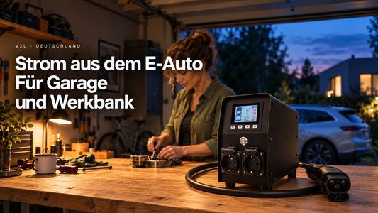 Illustrative Szene: ChargePapa V2L-EU auf einer Werkbank in einer Garage am Abend; keine aktive Anschlussdemonstration.