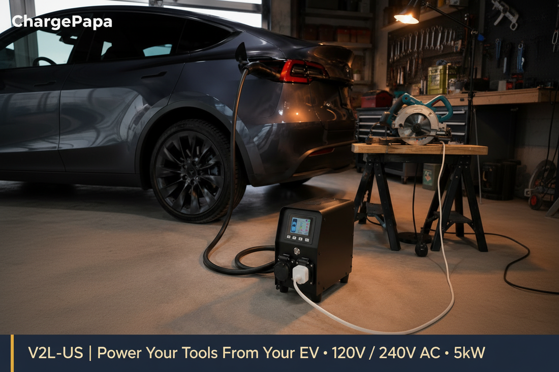 ChargePapa V2L-US High-Power EV Discharger connected to native NACS Tesla Model Y — powering tools via 120V AC output in home garage, showing V2L external discharge in use