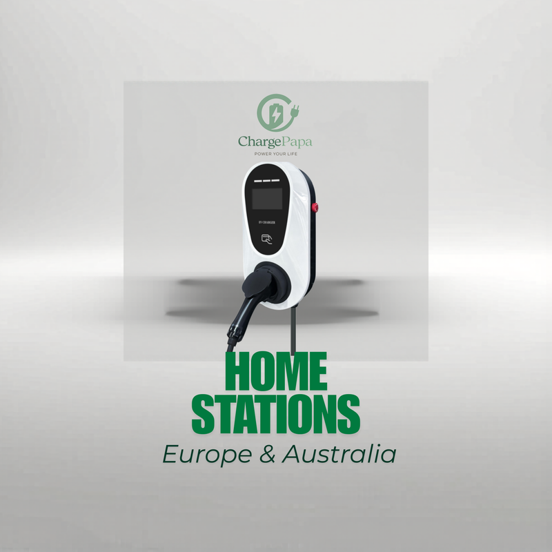 Wall-mounted EV charging station with cable and modern electric car in a sleek garage, Charge Papa