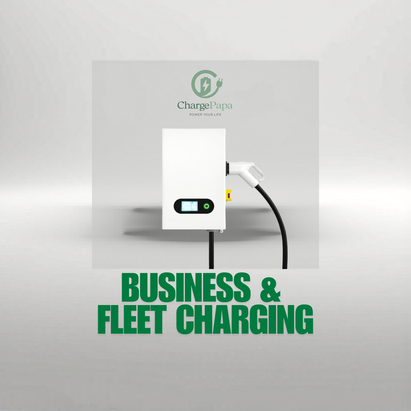 Modern EV charging station with dual charging cables in outdoor parking lot, Charge Papa