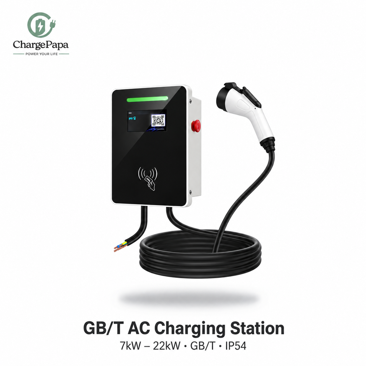 ChargePapa MRS-GJ GB/T AC charging station — white minimal 7kW–22kW poster