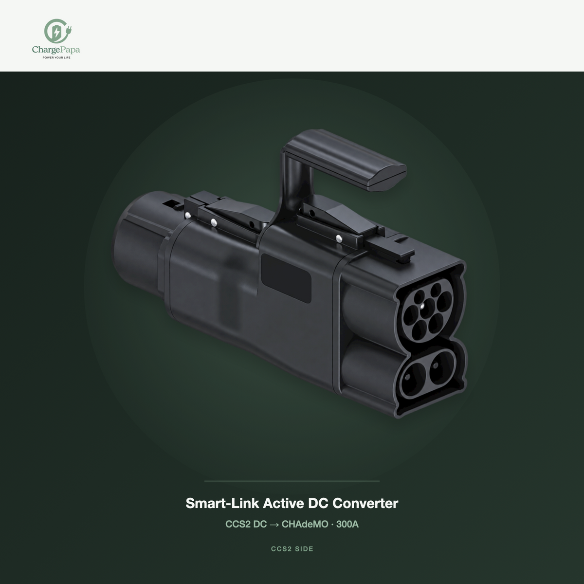 ChargePapa Smart-Link CCS2 to CHAdeMO adapter — 300A alternate angle, CCS2 side