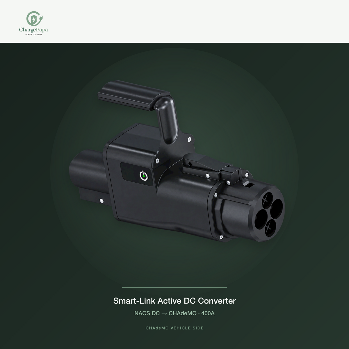ChargePapa Smart-Link NACS to CHAdeMO adapter — 400A alternate angle, CHAdeMO vehicle side