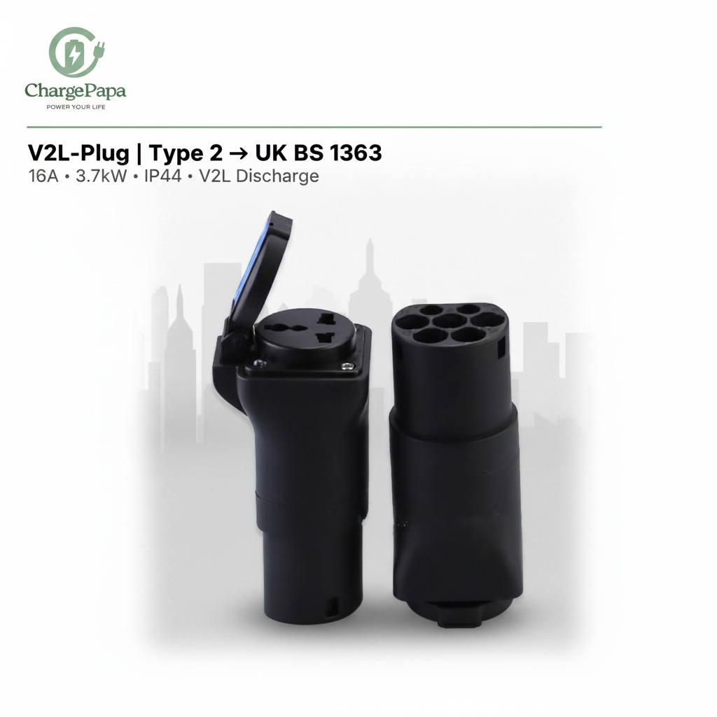 ChargePapa V2L-Plug | Type 2 to UK BS 1363 V2L Discharge Connector (16A / UK)