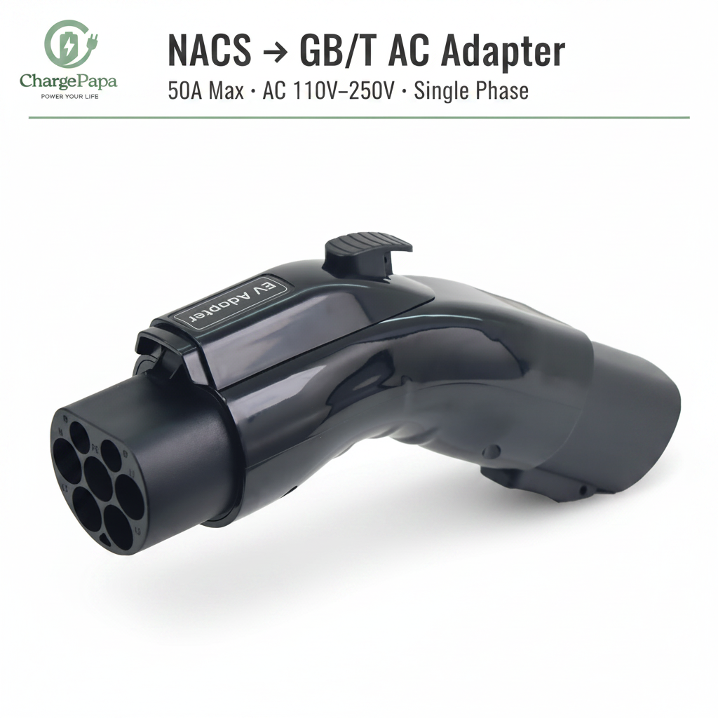 ChargePapa Omni-Link NACS to GB/T adapter, 50A 250V, white background