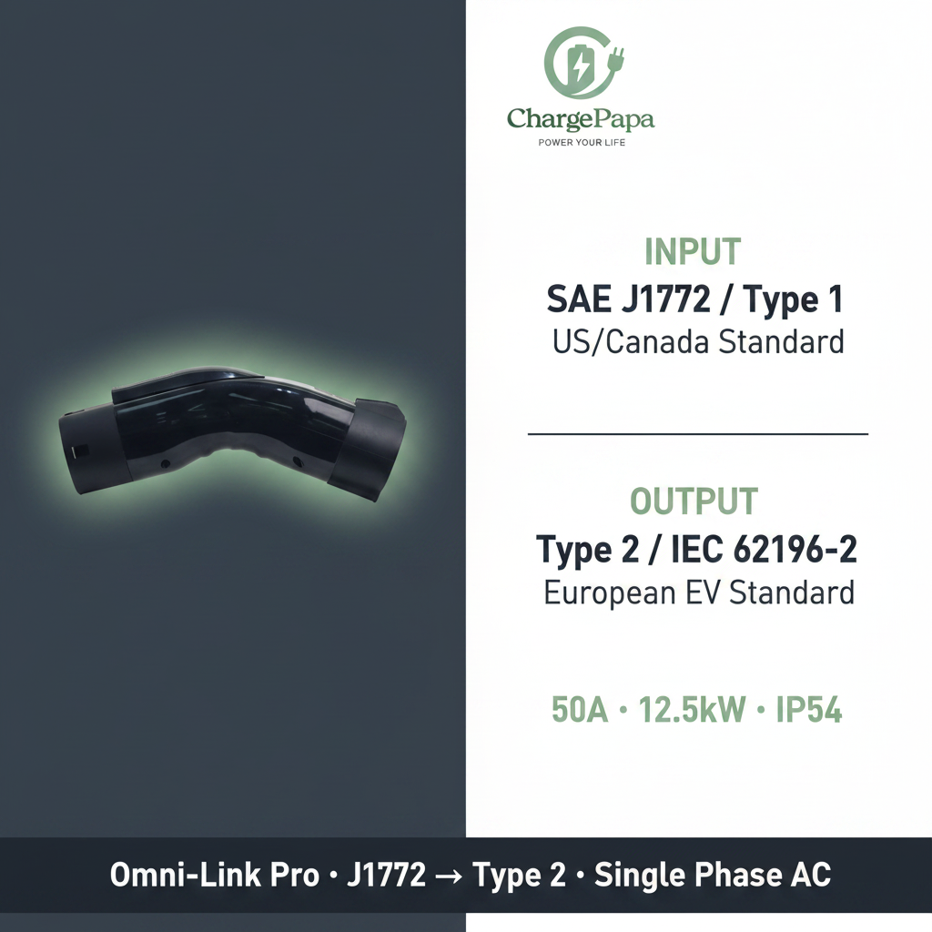 ChargePapa Omni-Link Pro spec sheet – 50A single phase, J1772 input, Type 2 IEC 62196-2 output, IP54