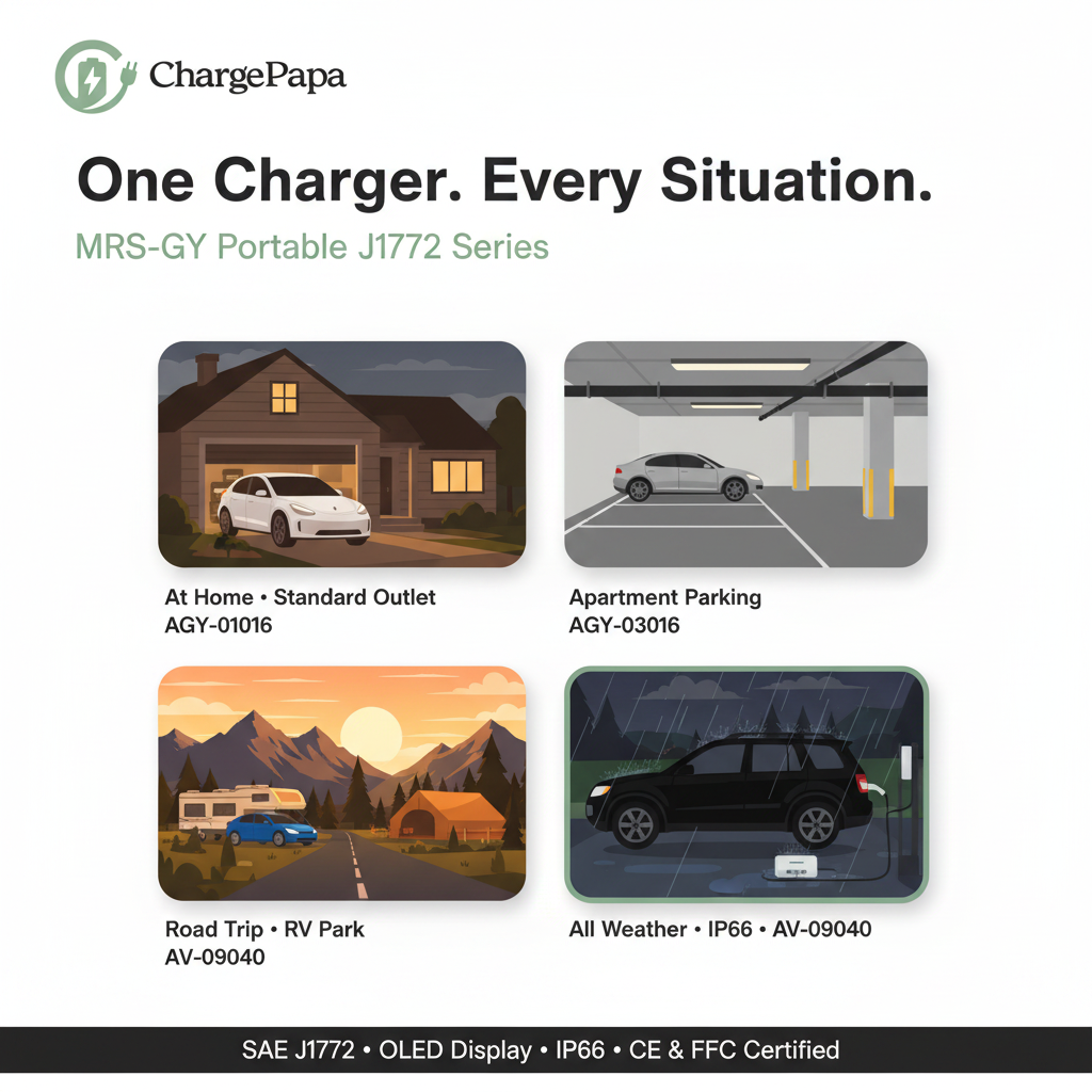 ChargePapa MRS-GY portable EV charger every situation – home garage, apartment, road trip, outdoor rain