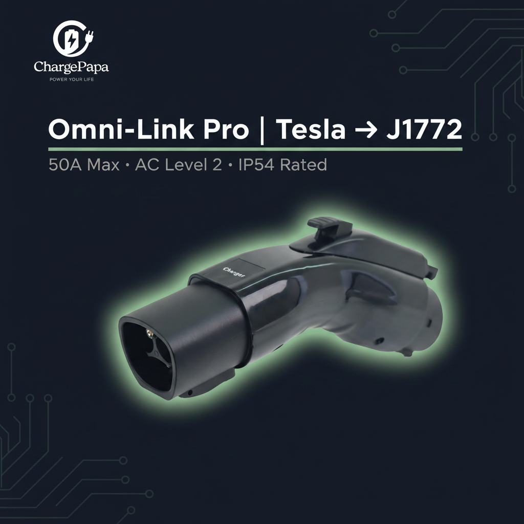 ChargePapa Omni-Link Pro EV adapter dark background, Tesla to J1772 Type 1, 50A AC